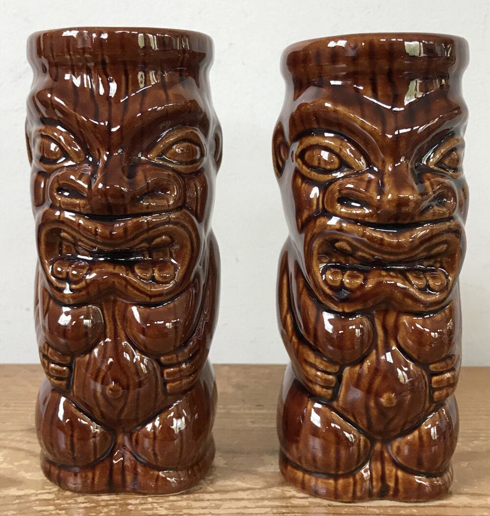 Vtg 50s Set Pair 2 Orchids Of Hawaii Ceramic Tiki R-76 Drink Tumblers Taiwan